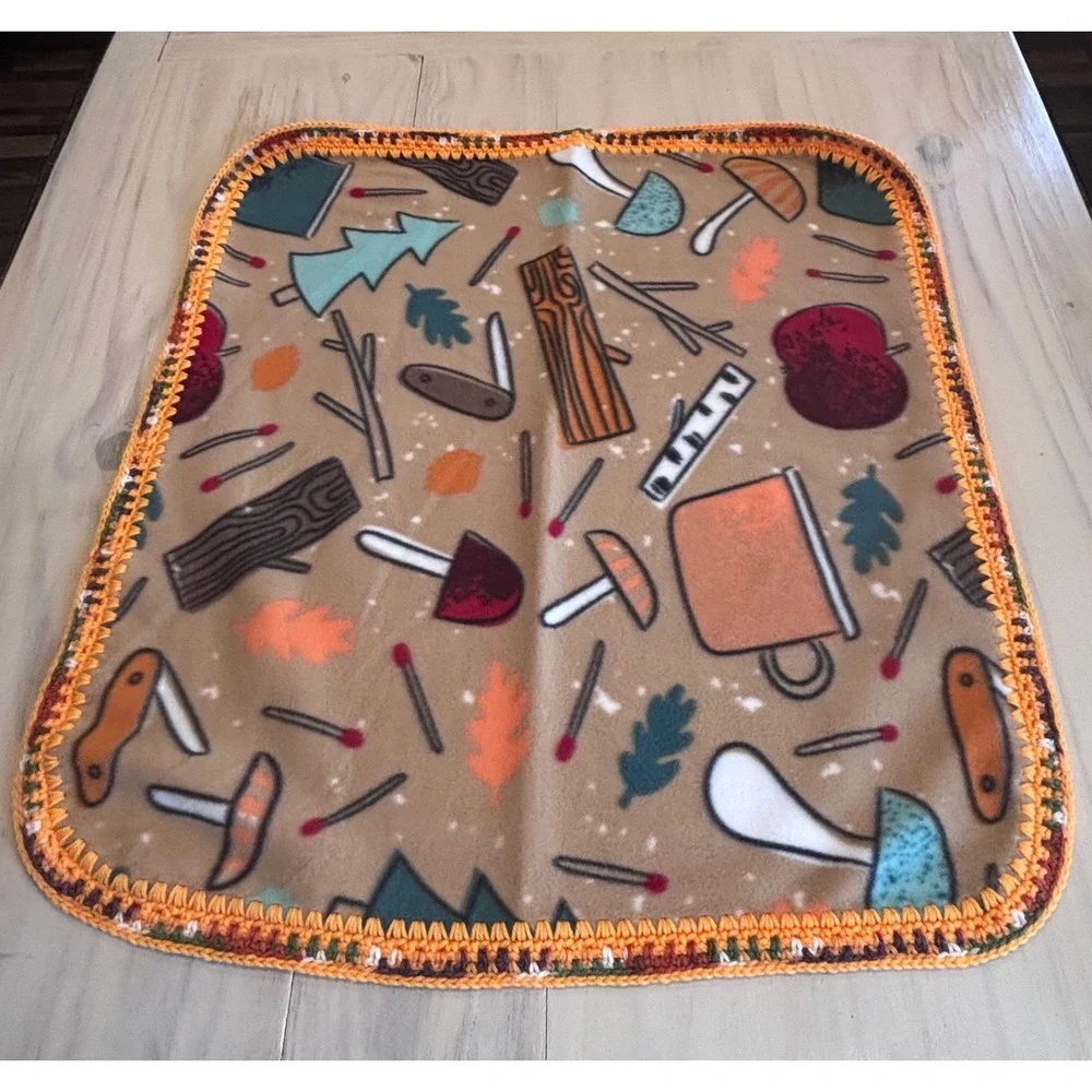 Tan‎ Camping Nature Print Fleece Baby Blanket Crochet Trim Mushrooms 29x26